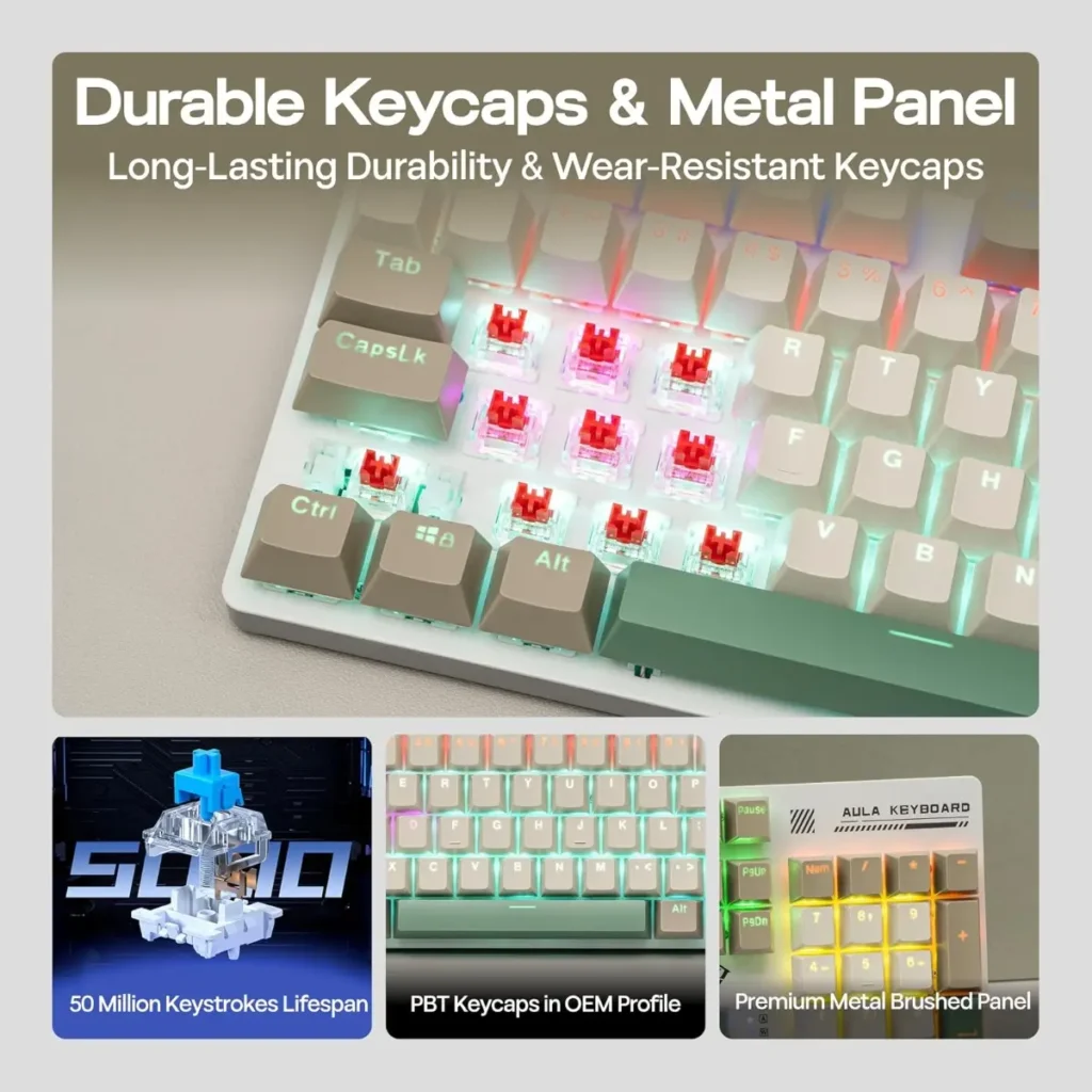 Aula S500 Wired Mechanical Zoned Full-size RGB E-sports Anti-Ghosting Gaming Keyboard RED Switch كيبورد جيمنج إحترافي كامل بمفاتيح سويتش أحمر 11 اشترِ كيبورد الميكانيكال S500 Gaming بأفضل سعر في مصر. تصميم ريترو بألوان ثلاثية مميزة، إضاءة Zoned RGB، شاسيه معدني مات، ودعم Anti-Ghosting كامل لجميع المفاتيح. ضمان ممتاز وشحن سريع!