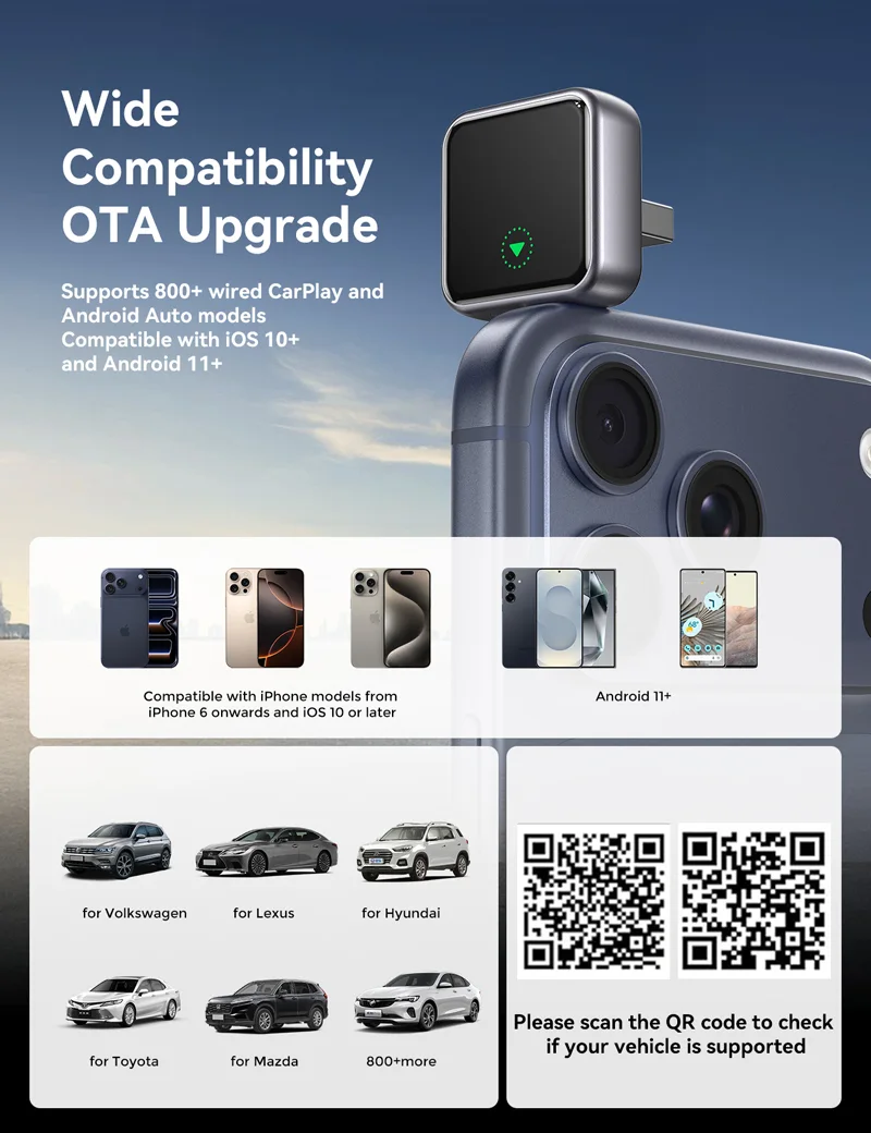 JOYROOM JR-CP3 Carplay Series Carplay/Android Auto 2-in-1 Wireless Adapter فلاشة آندرويد اوتو و وايرلس للسيارات بجودة عالية 4 تخلص من أسلاك الموبايل في عربيتك! اشتري فلاشة آندرويد أوتو JOYROOM JR-CP3 لتحويل Apple CarPlay و Android Auto إلى وايرلس بدون سلك. اتصال سريع بلوتوث 5.4 وواي فاي مزدوج بأفضل سعر في مصر!