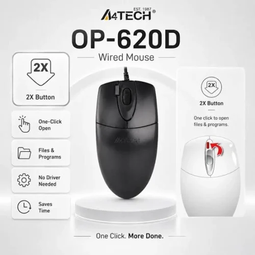 احصل على ماوس A4Tech OP-620DS السلكي الصامت المعتمد للمكاتب والدراسة. حركات هادئة وزر 2X Click مزدوج بوزن 90g ودقة 1200 DPI. اطلبه الآن بأفضل سعر في مصر من متجرنا!