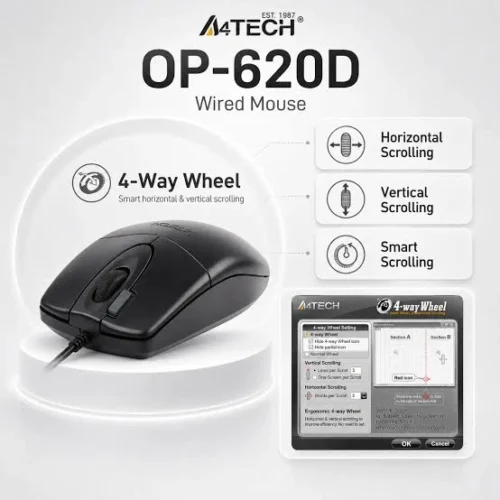 احصل على ماوس A4Tech OP-620DS السلكي الصامت المعتمد للمكاتب والدراسة. حركات هادئة وزر 2X Click مزدوج بوزن 90g ودقة 1200 DPI. اطلبه الآن بأفضل سعر في مصر من متجرنا!