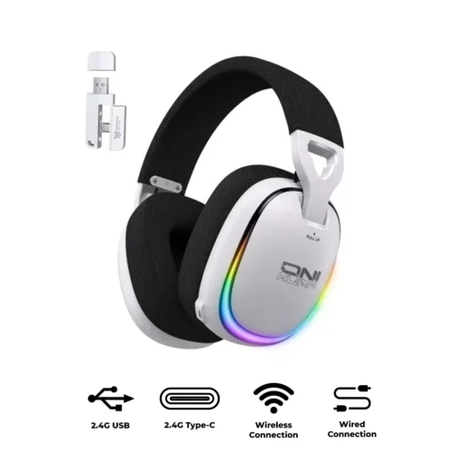 اشتري سماعة الجيمينج الاحترافية Onikuma GT805 بأربعة أوضاع توصيل (2.4G USB & Type-C + Bluetooth 5.4 + سلكي). بطارية ضخمة 1000mAh تدوم حتى 60 ساعة، مشغلات 50mm، صوت محيطي، ومايك مدمج بأفضل قيمة في مصر!