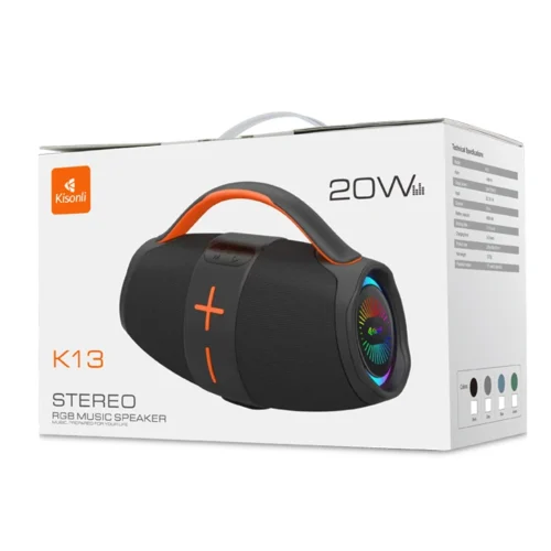 اشتري سماعة Kisonli K13 اللاسلكية بقدرة 20W وبطارية 3600mAh مع إضاءة RGB وباس قوي. أفضل سعر سماعة بلوتوث محمولة في مصر مع توصيل سريع.