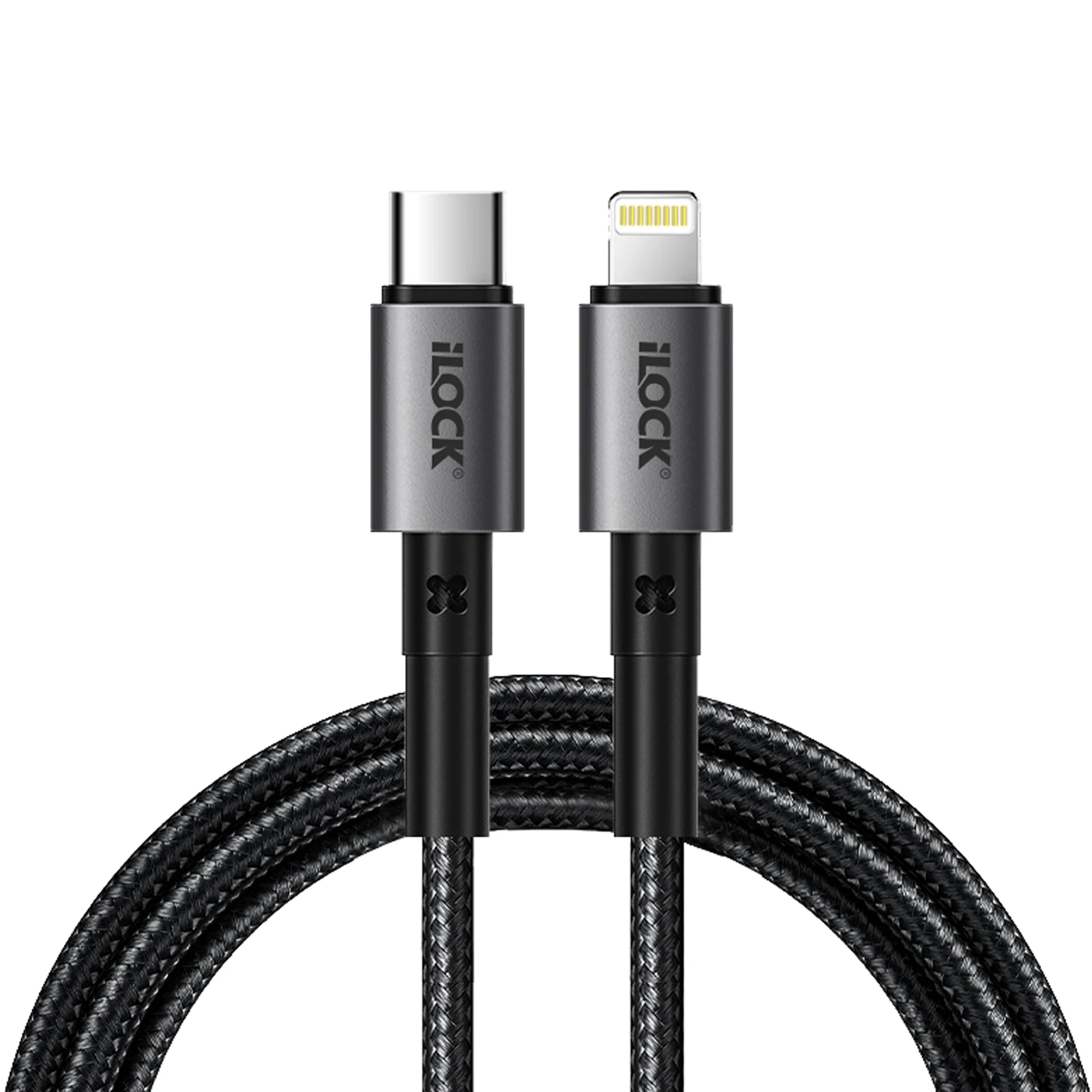 iLock no.5090 Fast Charging 30W Ultra Durable Braided USB-C to iPhone 1M Cable كابل شحن تايب سي لآيفون مضفر فائق التحمل بقدرة ٣٠ واط 1 اشتري كابل شحن الآيفون السريع iLock No.5090 بقدرة 30W في مصر. خامة قماشية مضفرة ضد التلف، شريحة حماية ذكية E-Marker، أطراف ألومنيوم أنيقة، ونقل بيانات سريع 1m.