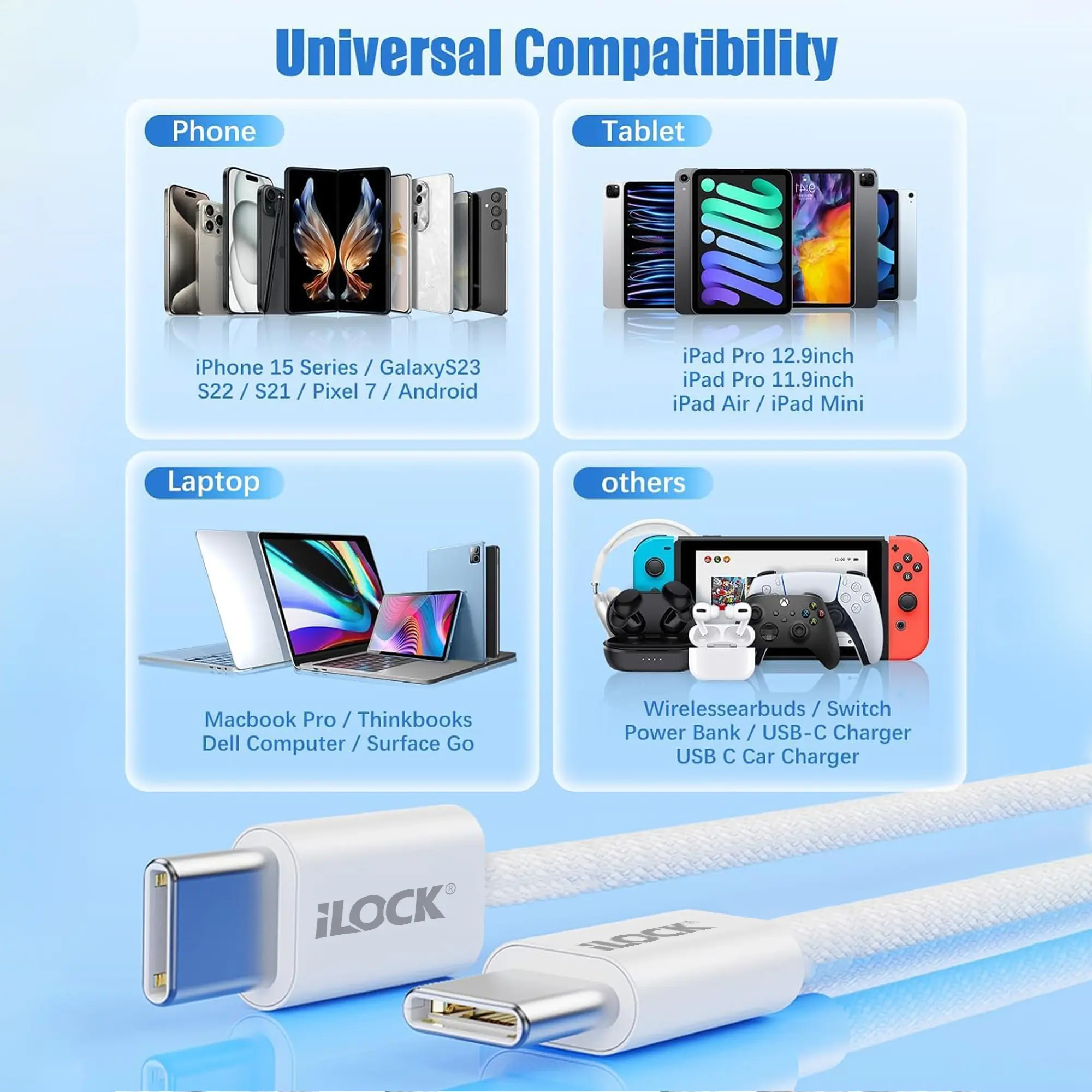 iLock no.5091 Fast Charging 240 Watt PD Ultra Durable Braided USB-C to USB-C Cable 1M كابل شحن تايب سي لتايب سي مضفر فائق الجودة بقدرة ٢٤٠ واط 3 اشتري كابل شحن Type-C to Type-C الخارق iLock No.5091 بقدرة 240W في مصر. شريحة E-Marker ذكية، هيكل ألومنيوم وTPE مضفر، طول 1 متر. شحن فائق للابتوبات والجيمنج!