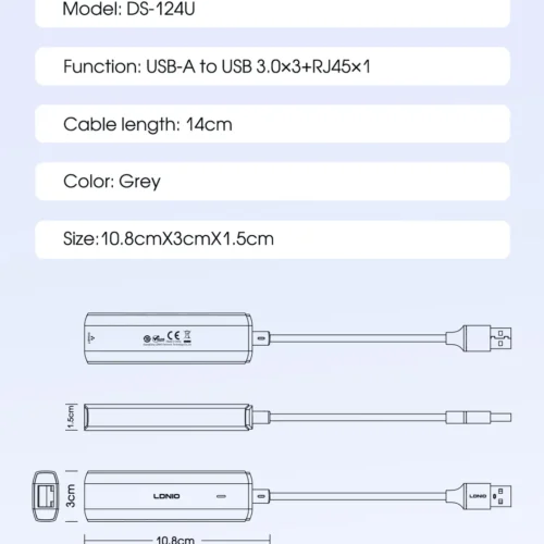 اشتري موزع المنافذ وكارت الشبكة LDNIO DS-124U في مصر. تحويل منفذ USB-A إلى 3 منافذ USB مع منفذ إيثرنت LAN RJ45 لإنترنت ثابت وسريع، كابل طويل 1.2 متر للتوصيل المريح!