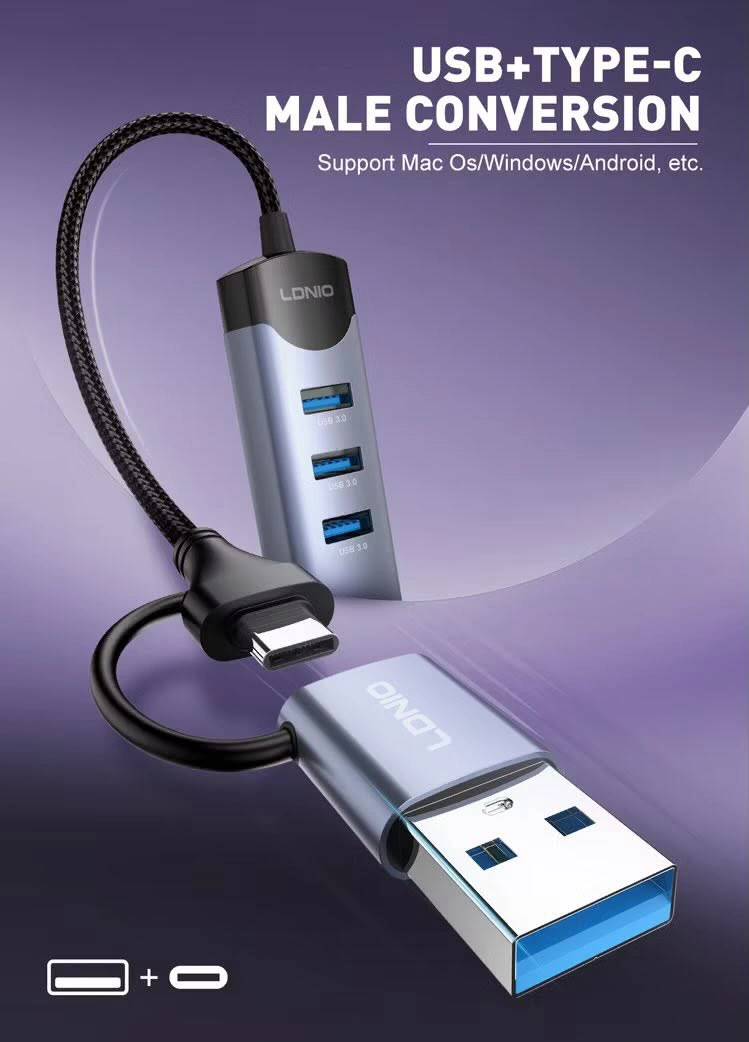 LDNIO DS-134UC USB-A/Type-C 14CM Docking Station USB-A/Type-C To USB3.0 x 4 موزع/هب تايب سي و يو اس بي إلى ٤ مخارج يو اس بي ٣.٠ 1 اشتري موزع وموزع المنافذ الذكي LDNIO DS-134UC برأسين USB-A و Type-C في مصر. توسعة 4 منافذ USB 3.0 فائقة السرعة 5Gbps للابتوب والكمبيوتر، تصميم معدني متين 14سم!