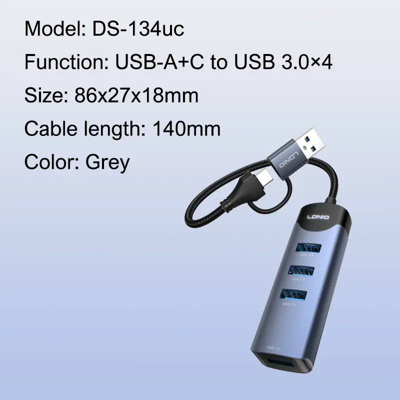 LDNIO DS-134UC USB-A/Type-C 14CM Docking Station USB-A/Type-C To USB3.0 x 4 موزع/هب تايب سي و يو اس بي إلى ٤ مخارج يو اس بي ٣.٠ 5 اشتري موزع وموزع المنافذ الذكي LDNIO DS-134UC برأسين USB-A و Type-C في مصر. توسعة 4 منافذ USB 3.0 فائقة السرعة 5Gbps للابتوب والكمبيوتر، تصميم معدني متين 14سم!