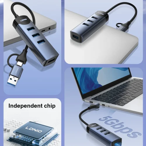 اشتري موزع وموزع المنافذ الذكي LDNIO DS-134UC برأسين USB-A و Type-C في مصر. توسعة 4 منافذ USB 3.0 فائقة السرعة 5Gbps للابتوب والكمبيوتر، تصميم معدني متين 14سم!