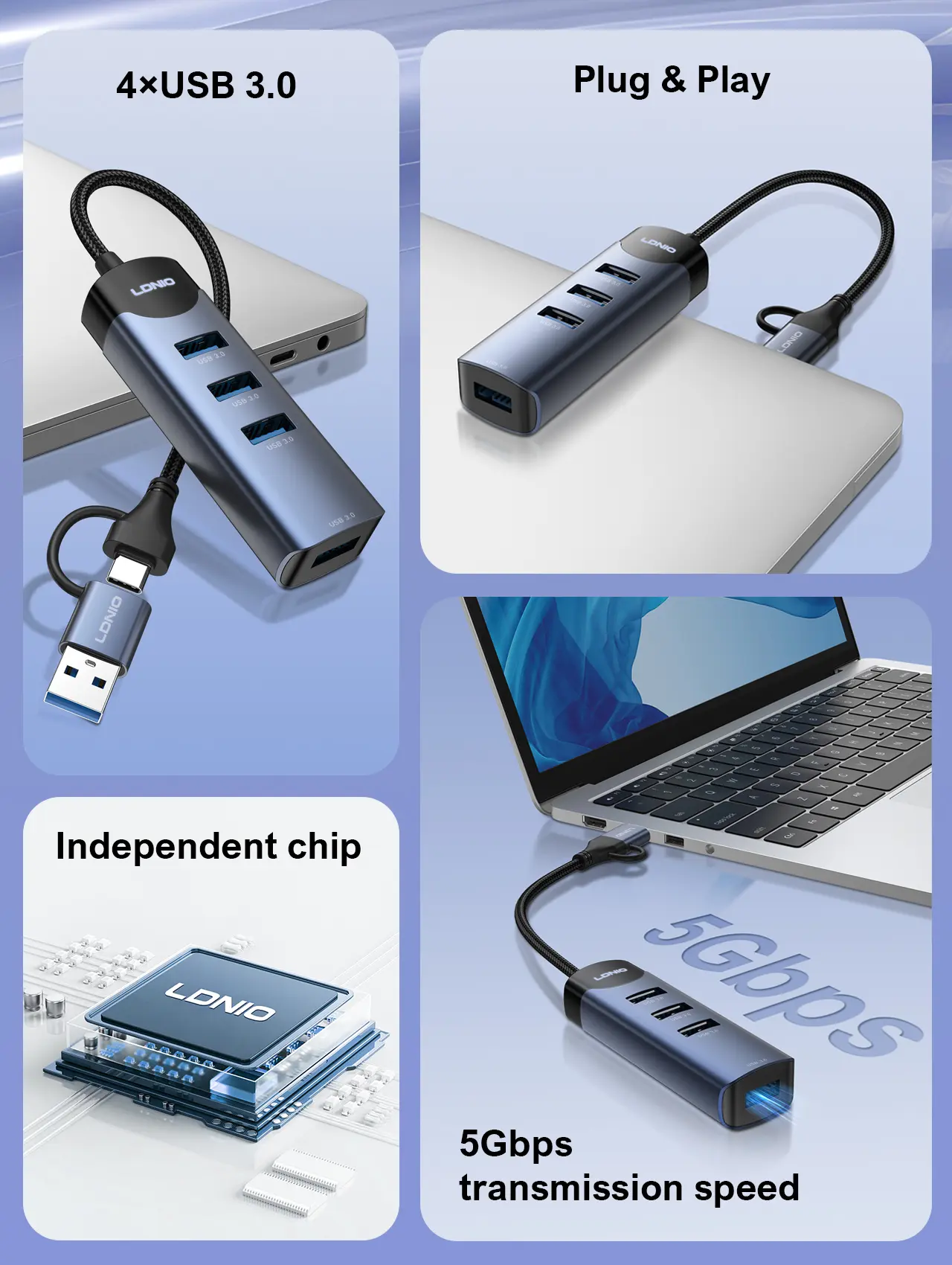 LDNIO DS-134UC USB-A/Type-C 14CM Docking Station USB-A/Type-C To USB3.0 x 4 موزع/هب تايب سي و يو اس بي إلى ٤ مخارج يو اس بي ٣.٠ 2 اشتري موزع وموزع المنافذ الذكي LDNIO DS-134UC برأسين USB-A و Type-C في مصر. توسعة 4 منافذ USB 3.0 فائقة السرعة 5Gbps للابتوب والكمبيوتر، تصميم معدني متين 14سم!