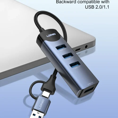 اشتري موزع وموزع المنافذ الذكي LDNIO DS-134UC برأسين USB-A و Type-C في مصر. توسعة 4 منافذ USB 3.0 فائقة السرعة 5Gbps للابتوب والكمبيوتر، تصميم معدني متين 14سم!