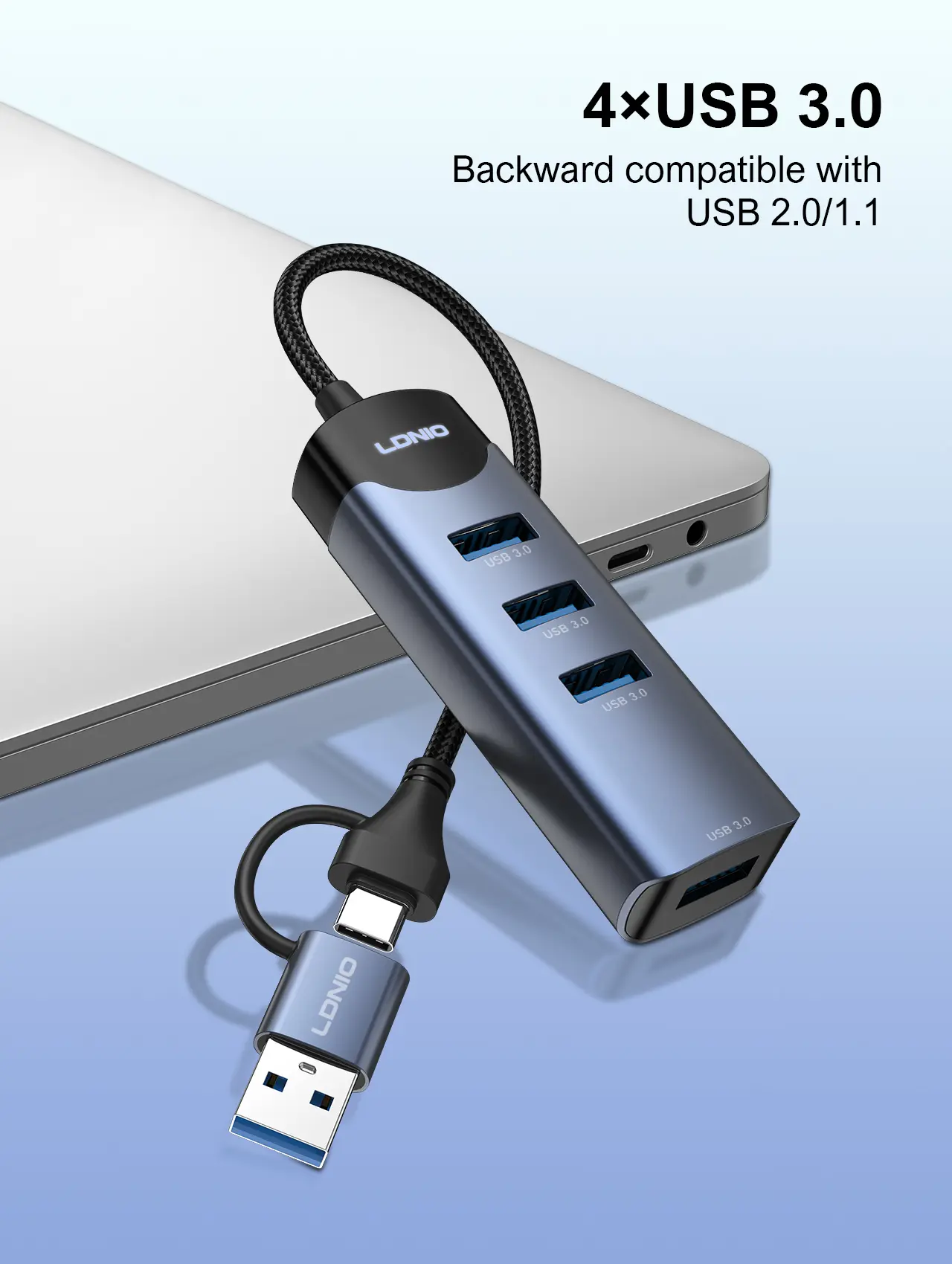LDNIO DS-134UC USB-A/Type-C 14CM Docking Station USB-A/Type-C To USB3.0 x 4 موزع/هب تايب سي و يو اس بي إلى ٤ مخارج يو اس بي ٣.٠ 6 اشتري موزع وموزع المنافذ الذكي LDNIO DS-134UC برأسين USB-A و Type-C في مصر. توسعة 4 منافذ USB 3.0 فائقة السرعة 5Gbps للابتوب والكمبيوتر، تصميم معدني متين 14سم!