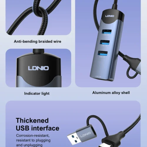 اشتري موزع وموزع المنافذ الذكي LDNIO DS-134UC برأسين USB-A و Type-C في مصر. توسعة 4 منافذ USB 3.0 فائقة السرعة 5Gbps للابتوب والكمبيوتر، تصميم معدني متين 14سم!