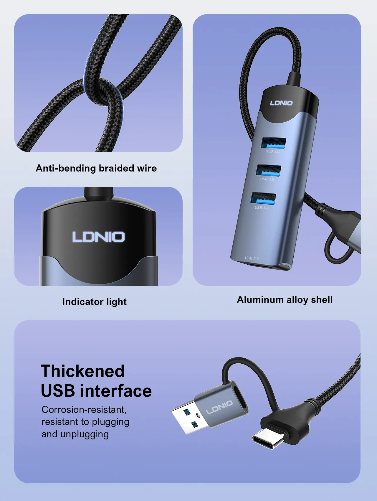 LDNIO DS-134UC USB-A/Type-C 14CM Docking Station USB-A/Type-C To USB3.0 x 4 موزع/هب تايب سي و يو اس بي إلى ٤ مخارج يو اس بي ٣.٠ 9 اشتري موزع وموزع المنافذ الذكي LDNIO DS-134UC برأسين USB-A و Type-C في مصر. توسعة 4 منافذ USB 3.0 فائقة السرعة 5Gbps للابتوب والكمبيوتر، تصميم معدني متين 14سم!
