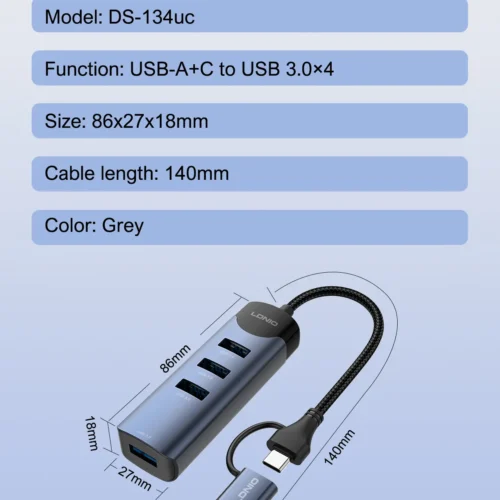 اشتري موزع وموزع المنافذ الذكي LDNIO DS-134UC برأسين USB-A و Type-C في مصر. توسعة 4 منافذ USB 3.0 فائقة السرعة 5Gbps للابتوب والكمبيوتر، تصميم معدني متين 14سم!