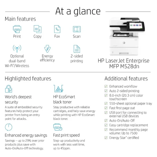 اشتري طابعة الشركات الإستيراد فرز أول HP LaserJet Enterprise M528 بأفضل سعر في مصر. سرعة 52 صفحة/دقيقة، طباعة وتصوير وسكانر وشين مزدوج، وأعلى نظام حماية للبيانات!