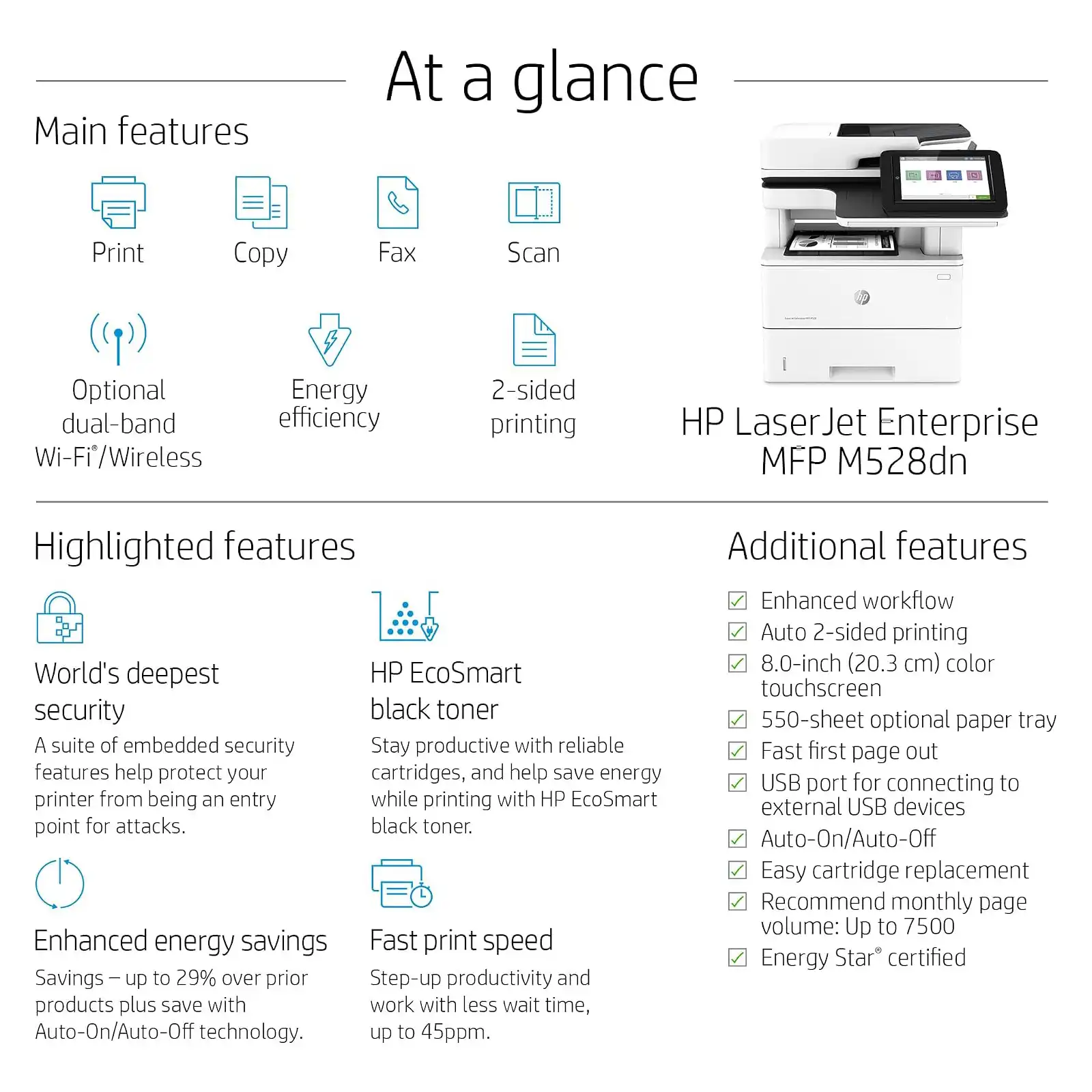 HP LaserJet Enterprise MFP M528 Multifunction Black & White Laser Printer طابعة اتش بي ليزر أحادية اللون إستيراد فرز أول 8 اشتري طابعة الشركات الإستيراد فرز أول HP LaserJet Enterprise M528 بأفضل سعر في مصر. سرعة 52 صفحة/دقيقة، طباعة وتصوير وسكانر وشين مزدوج، وأعلى نظام حماية للبيانات!