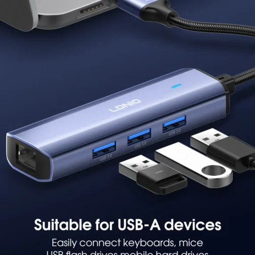 اشتري موزع المنافذ وكارت الشبكة LDNIO DS-124U في مصر. تحويل منفذ USB-A إلى 3 منافذ USB مع منفذ إيثرنت LAN RJ45 لإنترنت ثابت وسريع، كابل طويل 1.2 متر للتوصيل المريح!