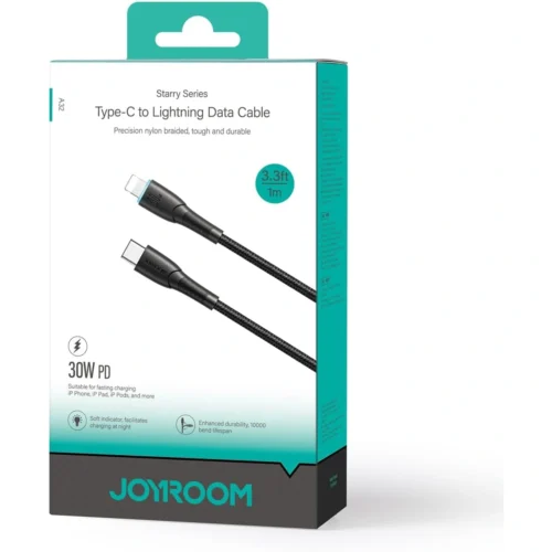 اشتري كابل شحن الآيفون السريع Joyroom SA32-CL3 بقدرة 30W في مصر. تصميم مضفر متين مع إضاءة LED ليلية، شريحة حماية ذكية للبطارية، ونقل بيانات سريع 1 متر.