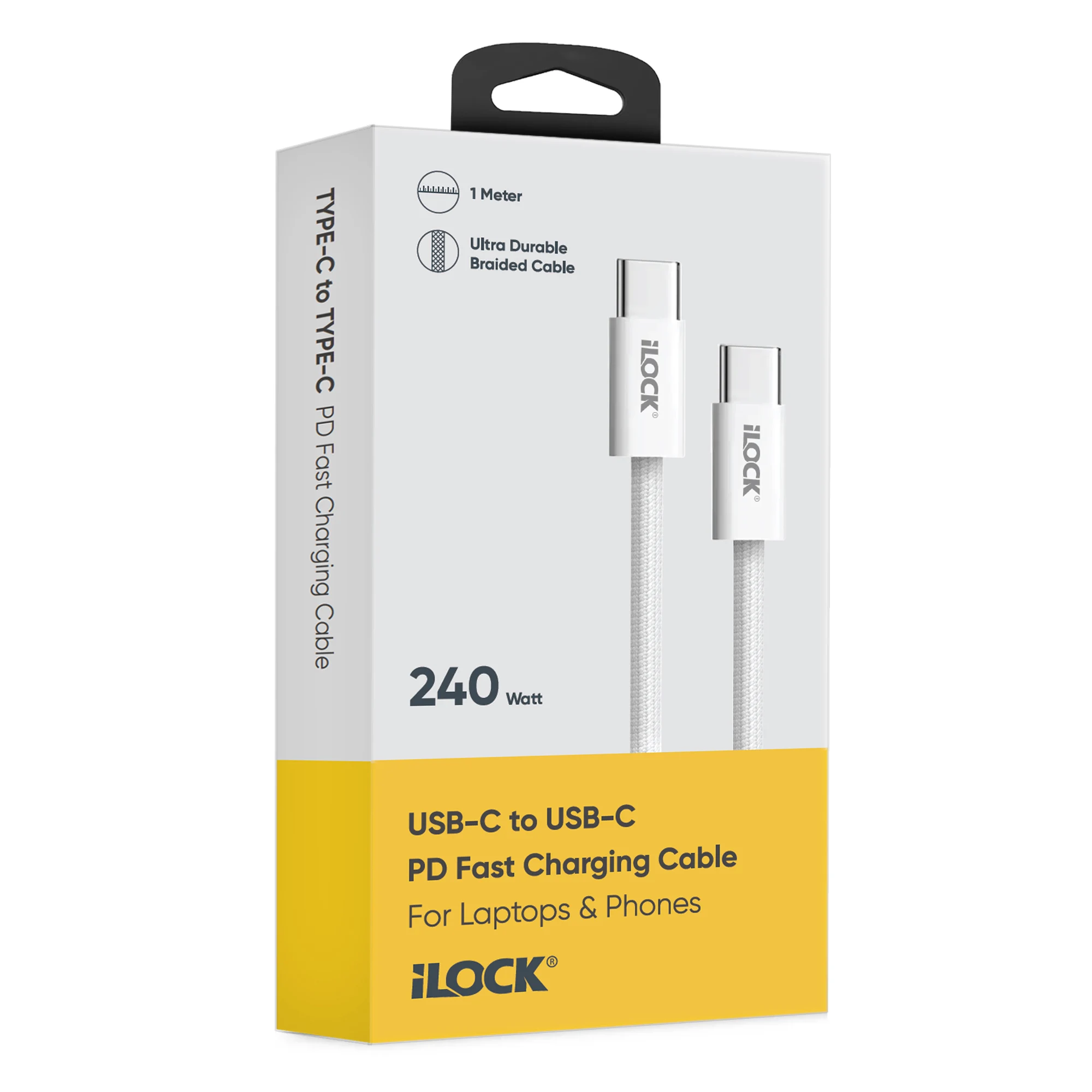 iLock no.5091 Fast Charging 240 Watt PD Ultra Durable Braided USB-C to USB-C Cable 1M كابل شحن تايب سي لتايب سي مضفر فائق الجودة بقدرة ٢٤٠ واط 5 اشتري كابل شحن Type-C to Type-C الخارق iLock No.5091 بقدرة 240W في مصر. شريحة E-Marker ذكية، هيكل ألومنيوم وTPE مضفر، طول 1 متر. شحن فائق للابتوبات والجيمنج!