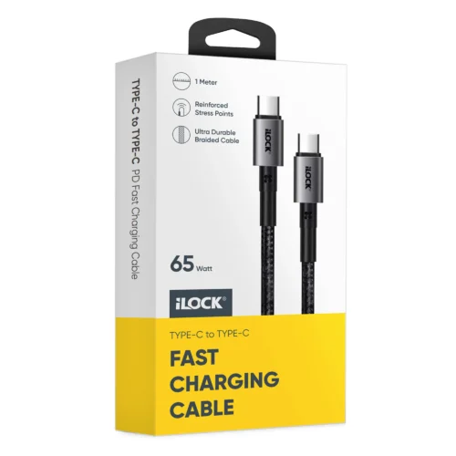 اشتري كابل شحن ونقل بيانات Type-C إلى Type-C من iLock no.5089 بقدرة 65W في مصر. خامة قماشية مضفرة فائقة التحمل، شريحة E-Marker لحماية البطارية، وطول 1 متر. شحن سريع للاب توب والموبايل!