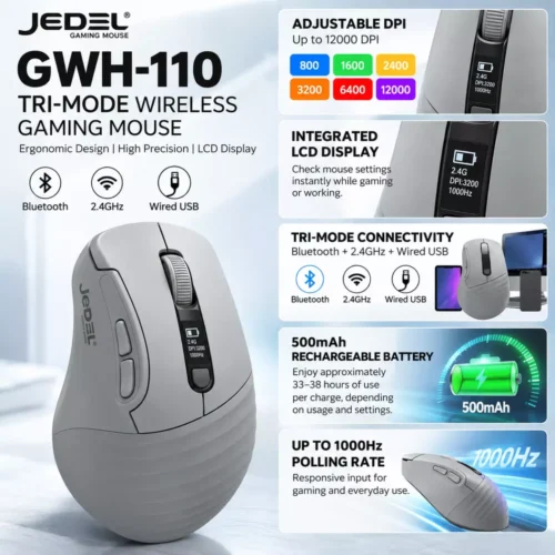 اشتري ماوس الجيمنج الاحترافي JEDEL GWH-110 في مصر. 3 طرق توصيل (وايرلس + بلوتوث + سلكي)، شاشة LCD ذكية لعرض البيانات، دقة 12000DPI، ومعدل استجابة 1000Hz بحجم خفيف 70 جرام!