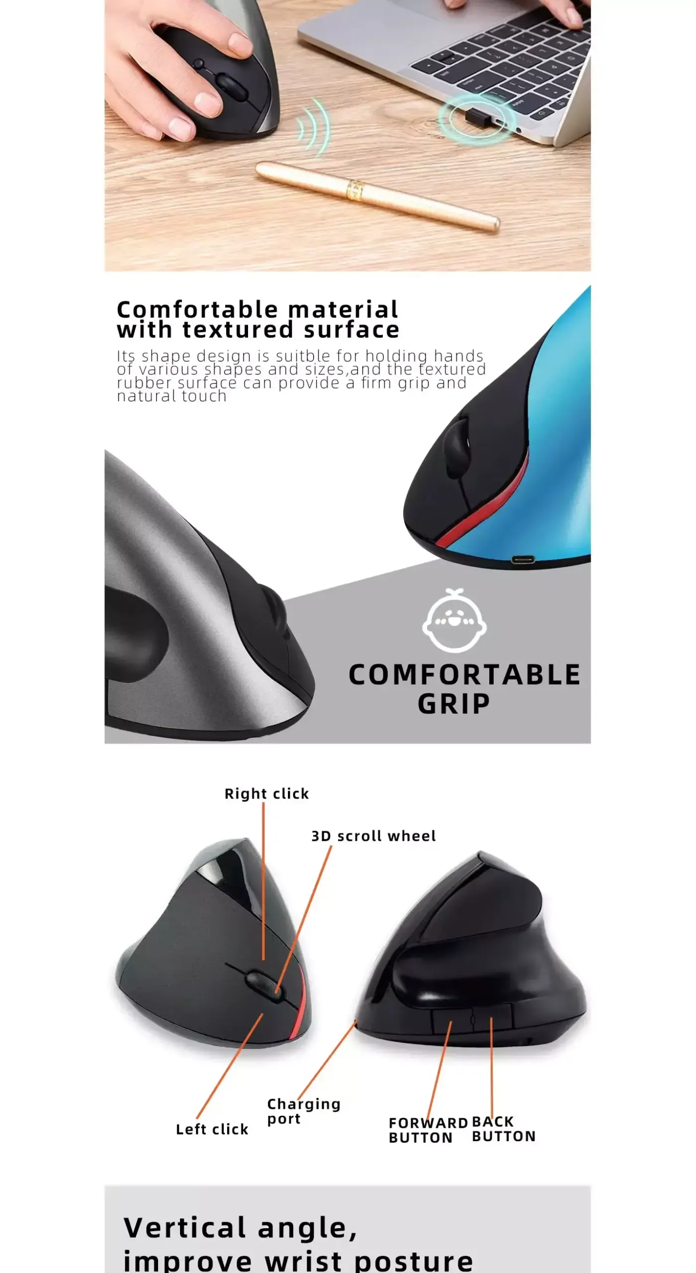 JERTECH JR321 Vertical Rechargeable Wireless Mouse Silent Clicks Optical Sensor 1600 DPI ماوس وايرلس افقي ذات نقرات صامتة و مستشعر بصري ١٦٠٠ دي بي اي 6 اشتري ماوس الجيمينج والعمل المكتبي الرأسي JERTECH JR321 في مصر. تصميم مريح يمنع آلام المعصم، نقرات صامتة Silent Clicks، بطارية قابلة للشحن 400mAh، ودقة 1600DPI!