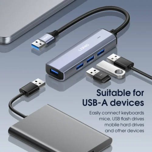 اشتري موزع المنافذ LDNIO DS-114U في مصر. تحويل منفذ USB-A إلى 4 منافذ USB 3.0 فائقة السرعة 5Gbps، كابل طويل 1.2 متر، وتوافق كامل مع أجهزة الكمبيوتر واللابتوب!