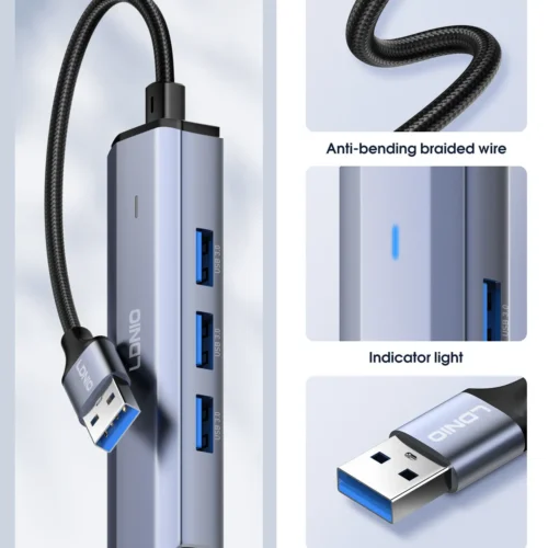 اشتري موزع المنافذ LDNIO DS-114U في مصر. تحويل منفذ USB-A إلى 4 منافذ USB 3.0 فائقة السرعة 5Gbps، كابل طويل 1.2 متر، وتوافق كامل مع أجهزة الكمبيوتر واللابتوب!
