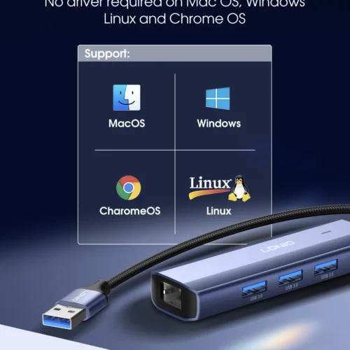اشتري موزع المنافذ وكارت الشبكة LDNIO DS-124U في مصر. تحويل منفذ USB-A إلى 3 منافذ USB مع منفذ إيثرنت LAN RJ45 لإنترنت ثابت وسريع، كابل طويل 1.2 متر للتوصيل المريح!
