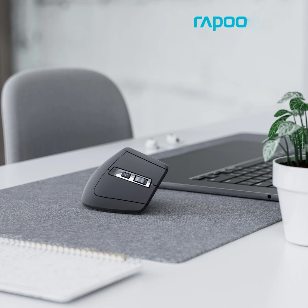 Rapoo EV310M Multi-Mode Wireless and Bluetooth Vertical Ergonomic Mouse ماوس رأسي وايرلس بتوصيل ثنائي بلوتوث و وايرلس 4 اشتري ماوس رابو الرأسي Rapoo EV310M في مصر. توصيل متعدد Bluetooth 5.0 و 2.4GHz، ربط أجهزة متعددة بضغطة زر، تصميم أرجونوميك يحمي المعصم، وبطارية تعيش حتى 9 أشهر!